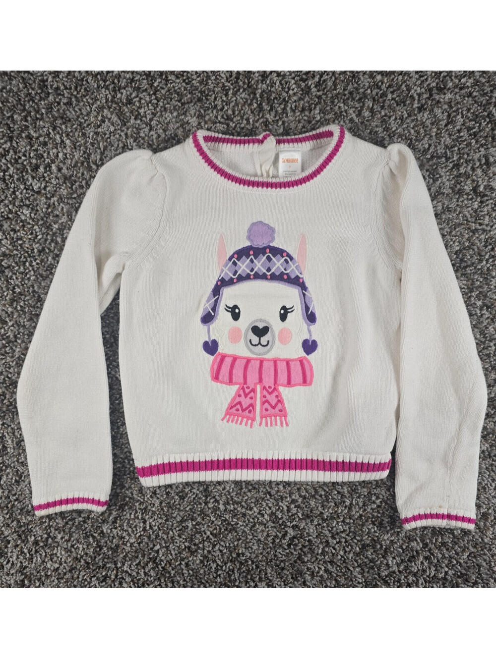 Gymboree Girls Sz 7 Crew Neck Knit Sweater Winter Llama Print White Pink